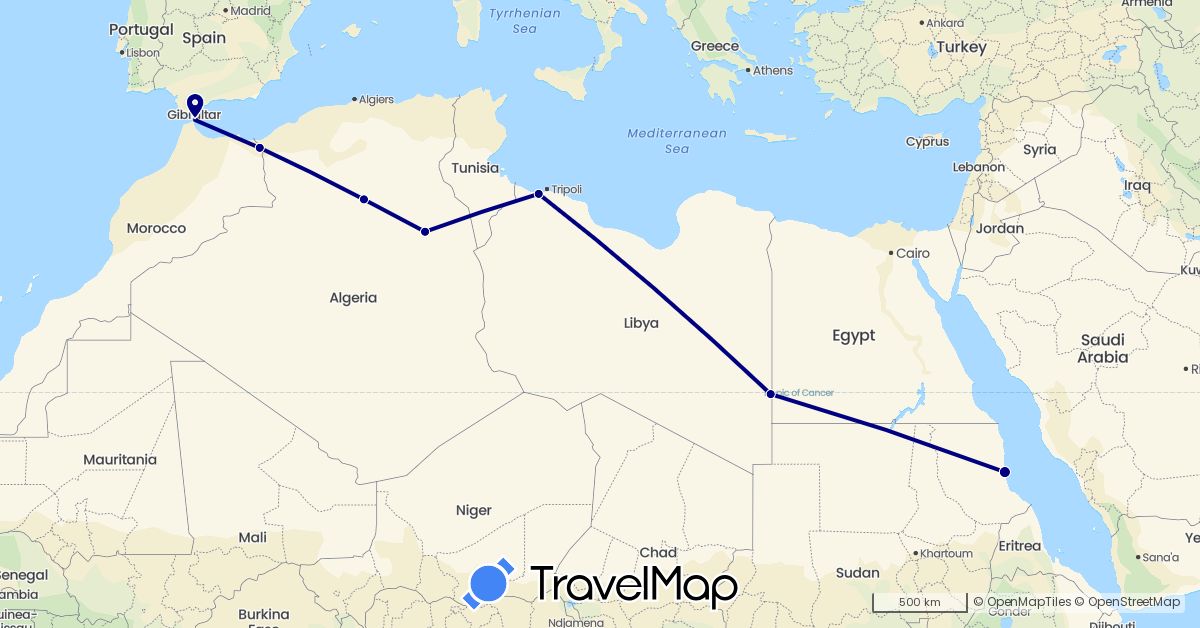 TravelMap itinerary: driving in Algeria, Spain, Libya, Morocco, Sudan (Africa, Europe)
