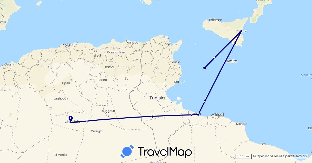 TravelMap itinerary: driving in Algeria, Italy, Libya (Africa, Europe)